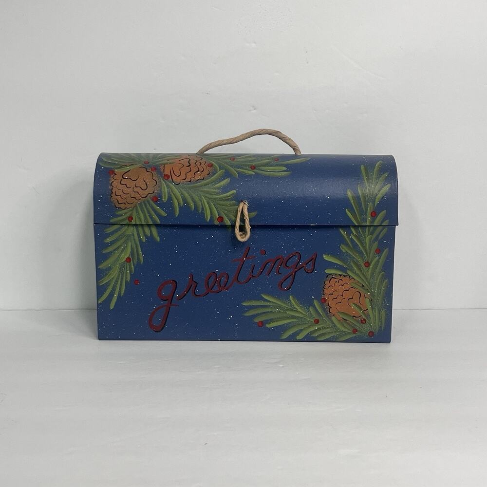 vintage Y2K Christmas blue box for greeting‎ cards handpainted Holiday Country